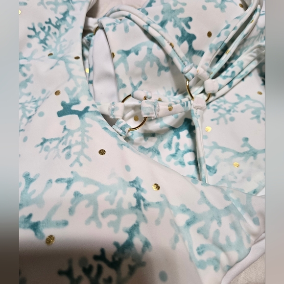 Venus swimsuit bikini white and aqua coral foil gold dots medium high-waisted - Picture 2 of 9